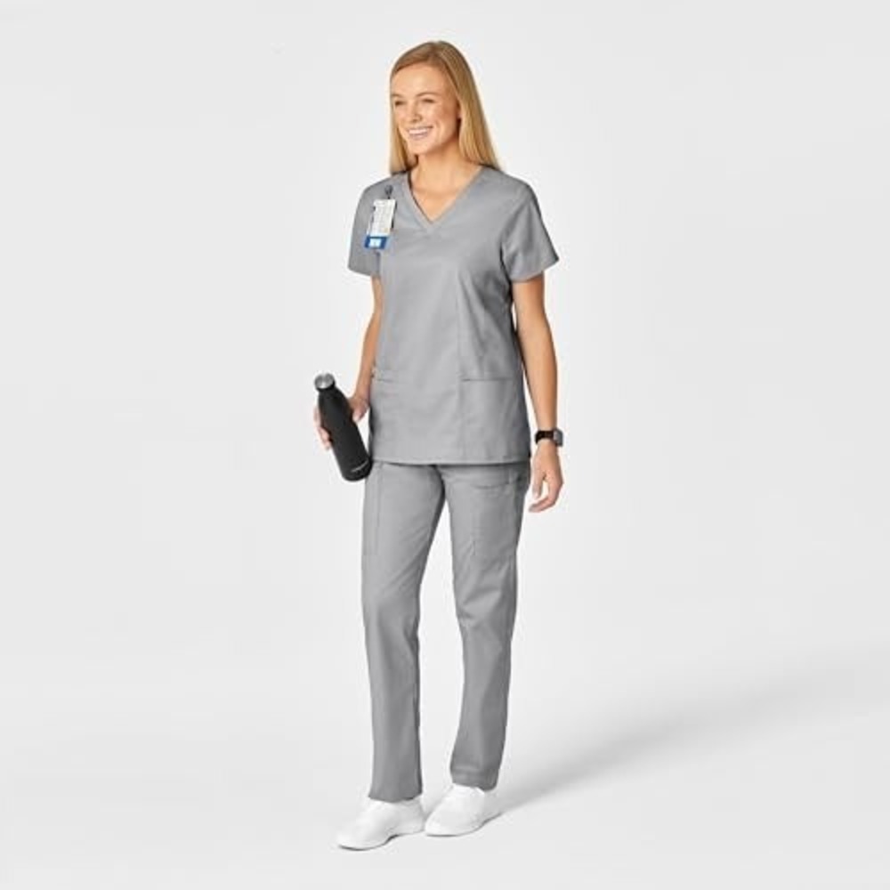 Womens Grey S Scrub Top Cell Phone, Utility, Pen Pocket Badge Loop Vents V Neck